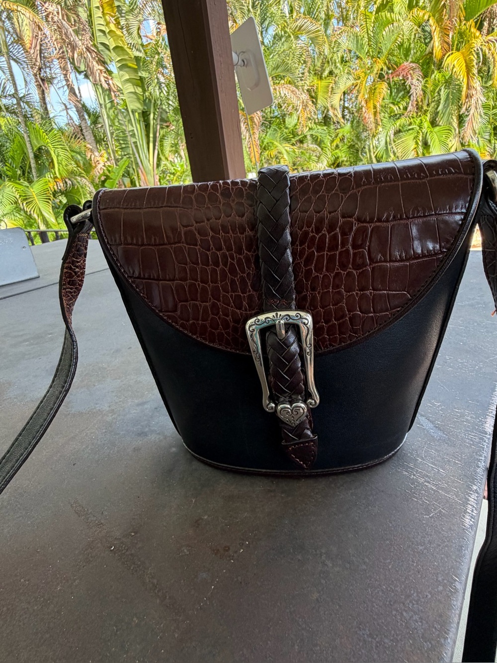 Brighton Two-Tone Black and Dark Brown Croc-Embossed Shoulder Bag